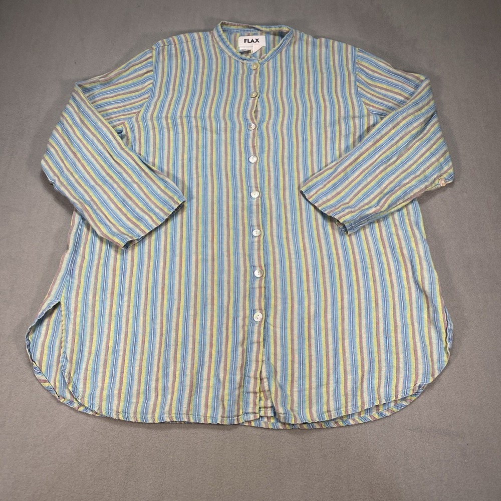 Flax Women's Large 100% Linen Striped Tunic Top Rolltab Sleeve Mandarin Collar